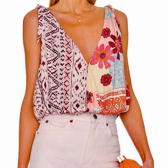 FREE PEOPLE Tropical Floral Surplice Sleeveless Top w Adjustable Shoulder Ties - Picture 10 of 11